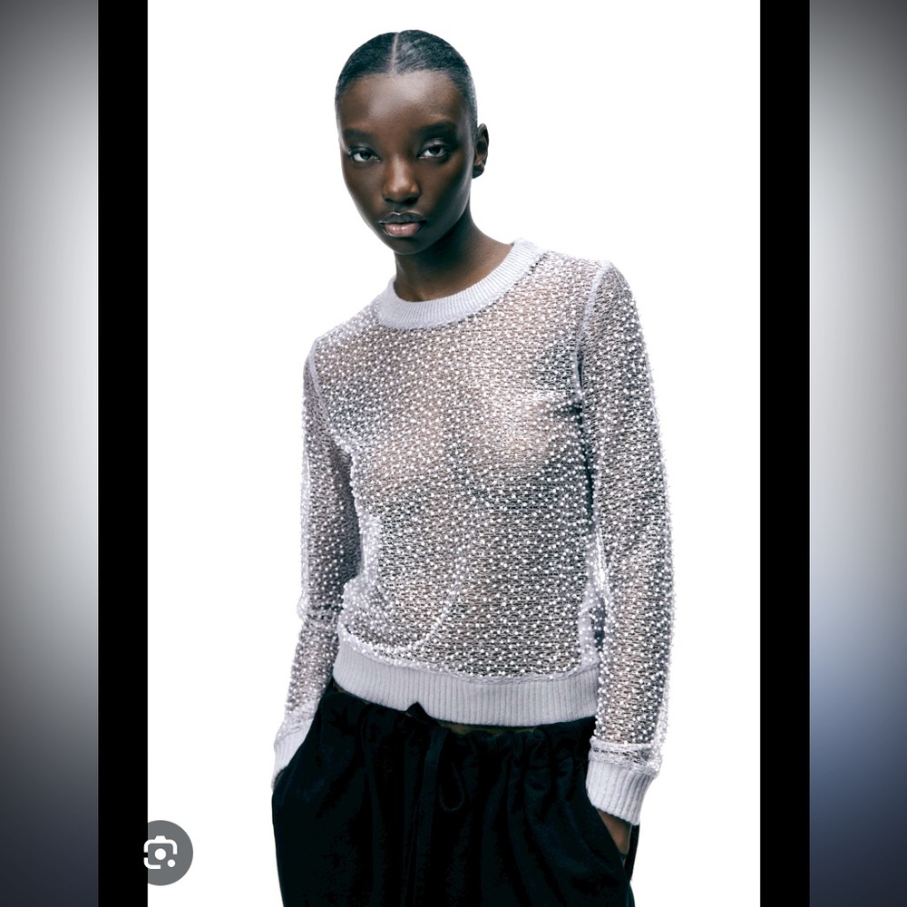 ZARA CONTRAST FAUX PEARL SWEATER